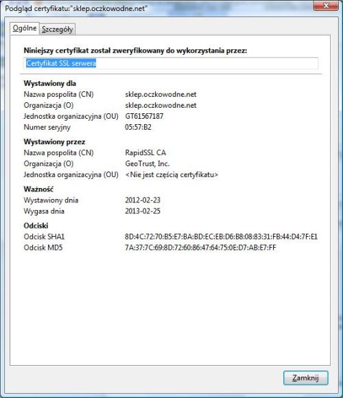 Strona chroniona 
certyfikatem RapidSSL